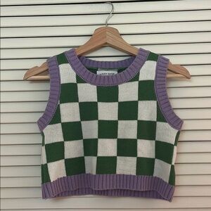Green and Lavender Checkerboard Crew Neck Knit Sweater